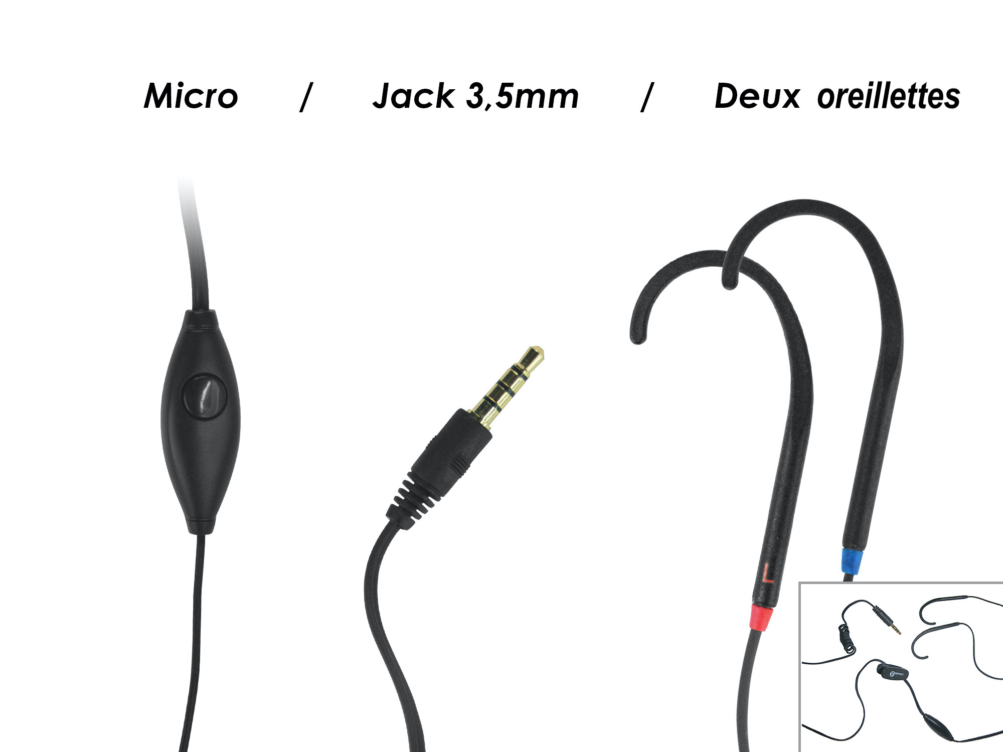 éléments d'un amplificateur d'écoute pour téléphone portable : micro, jack, et deux oreillettes