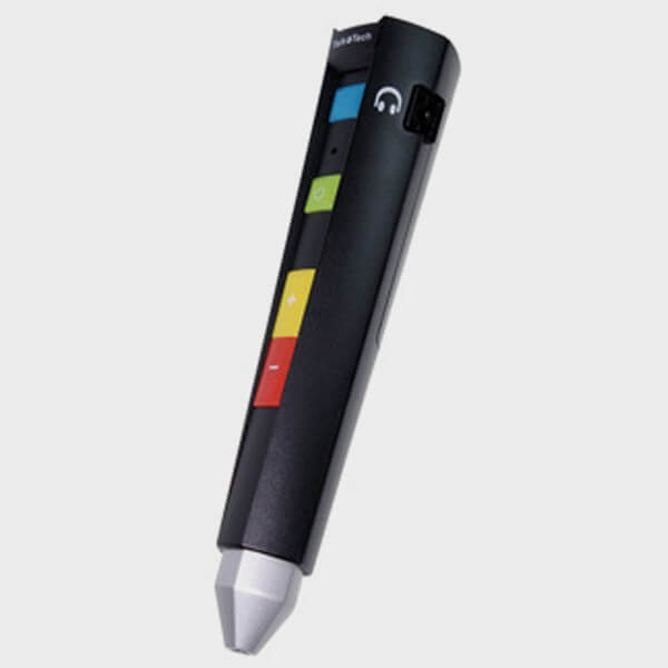 boitier en forme de stylo avec 4 emplacements colorés de bas en haut pour fonctions moins, plus, allumer, et acces port pour oreillettes