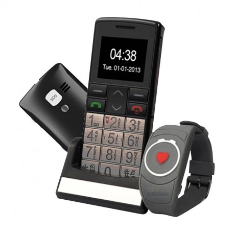 téléphone portable à touches avec bracelet équipé d'un bouton en forme de coeur pour appeler à l'aide