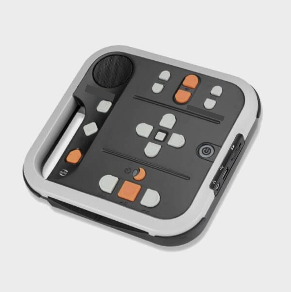 Boitier carré équipé d'un tiroir pour CD et de nombreuses touches d'accès aux fonctionnalités. Touches orange et blanche sur fond gris