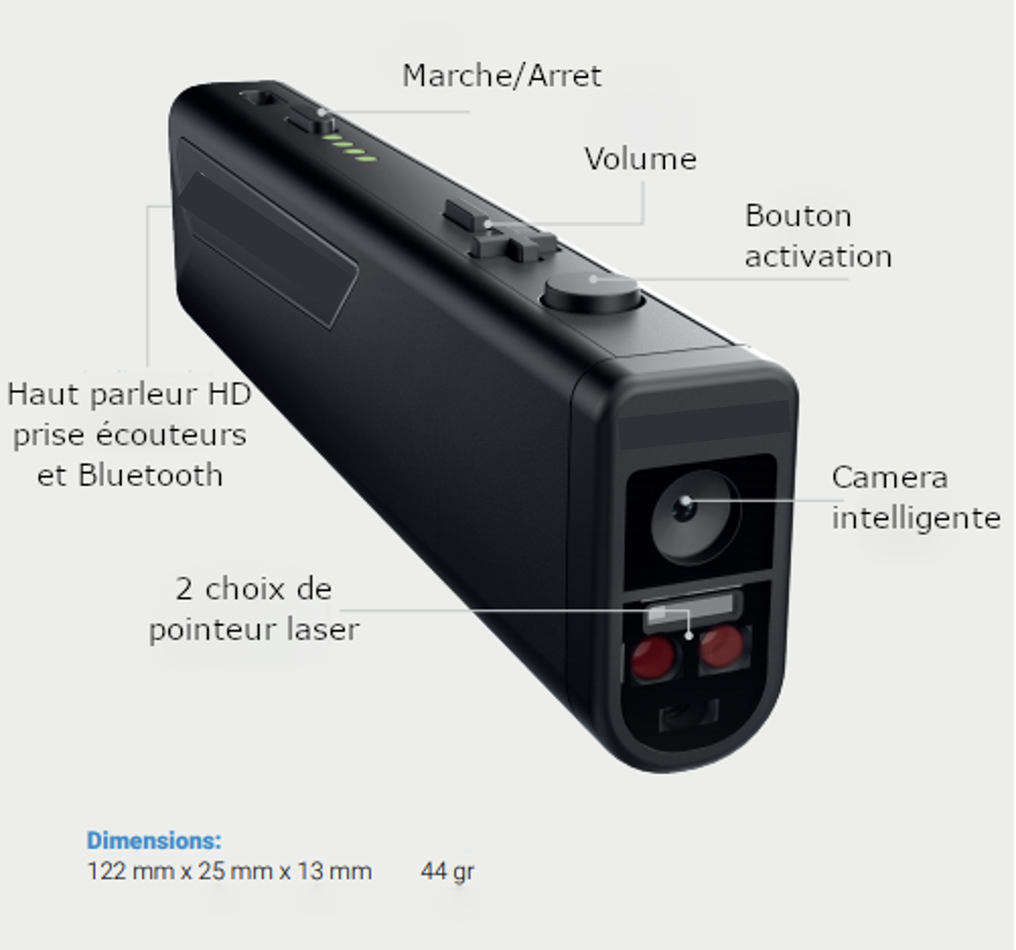 petit boitier de dimensions 122 mm x 25 mm x 13 mm pesant 44 gr équipé d'une caméra avec boutons marche/arrêt, volume, activation
