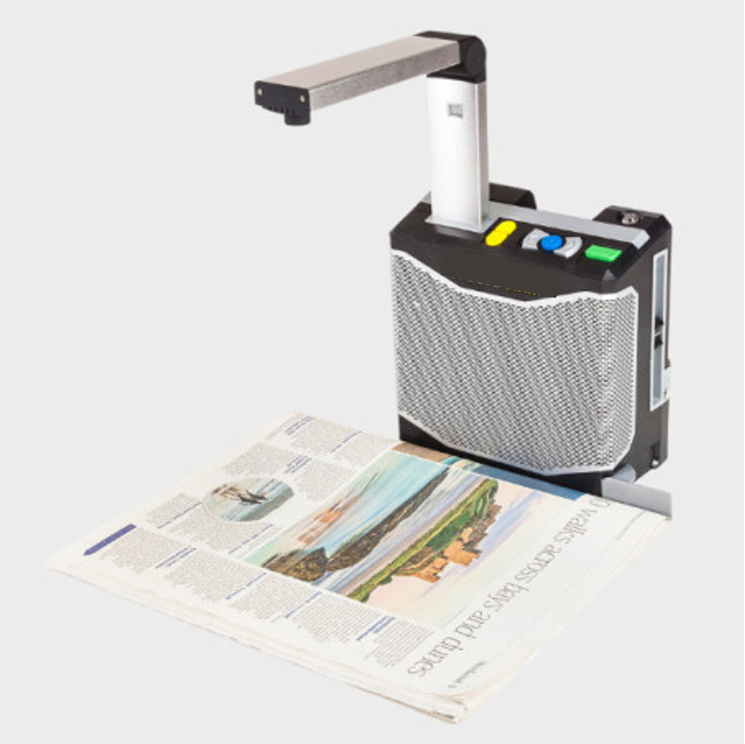 Boitier équipé d'un support articulé plaçant une caméra par-dessus un document placé sur une table. Le boitier est équipé de 6 boutons colorés en relief, haut parleur et prise jack