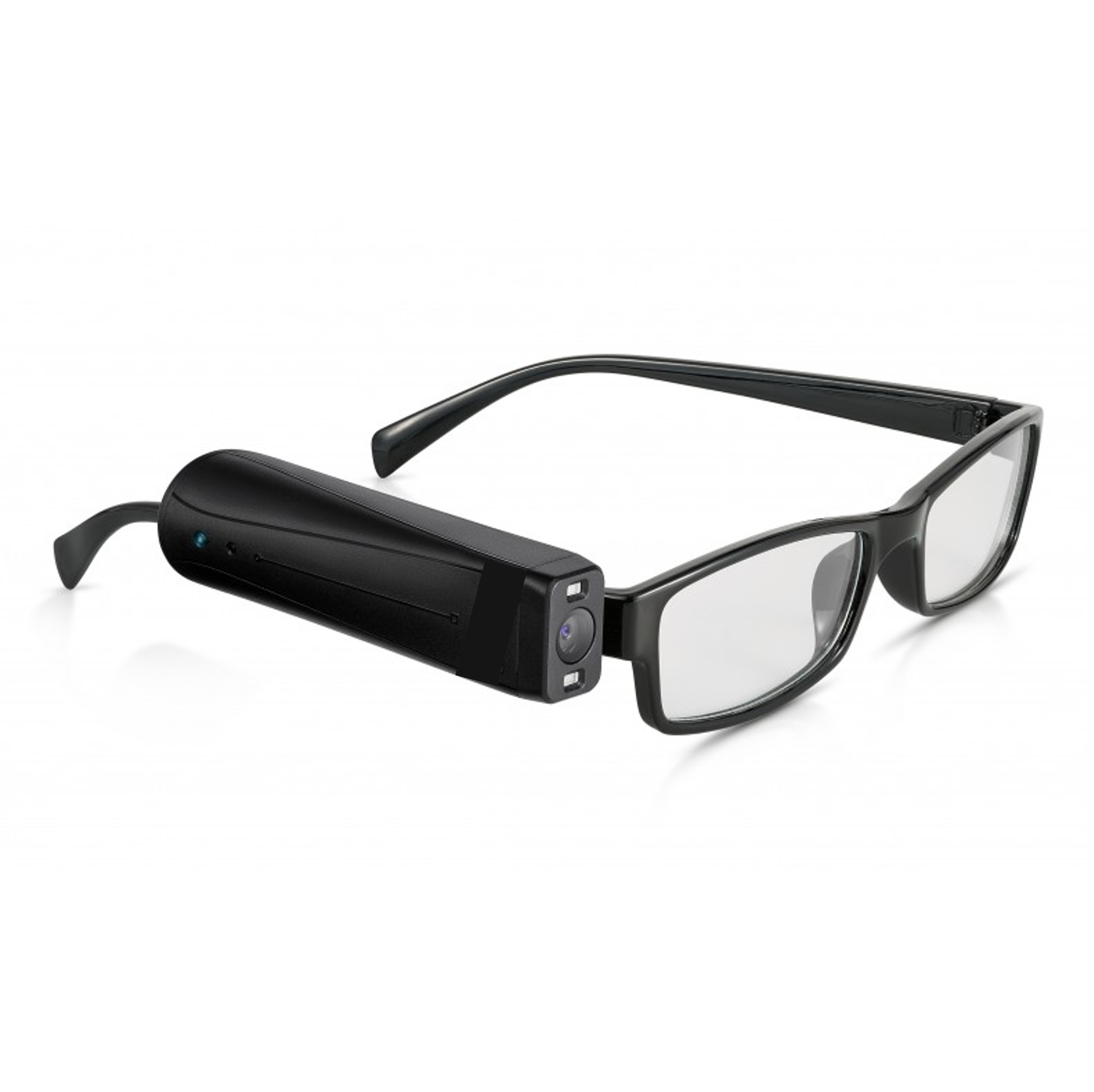 Monture de lunettes noire équipée d'un boitier avec caméra et boutons en relief sur le dessus
