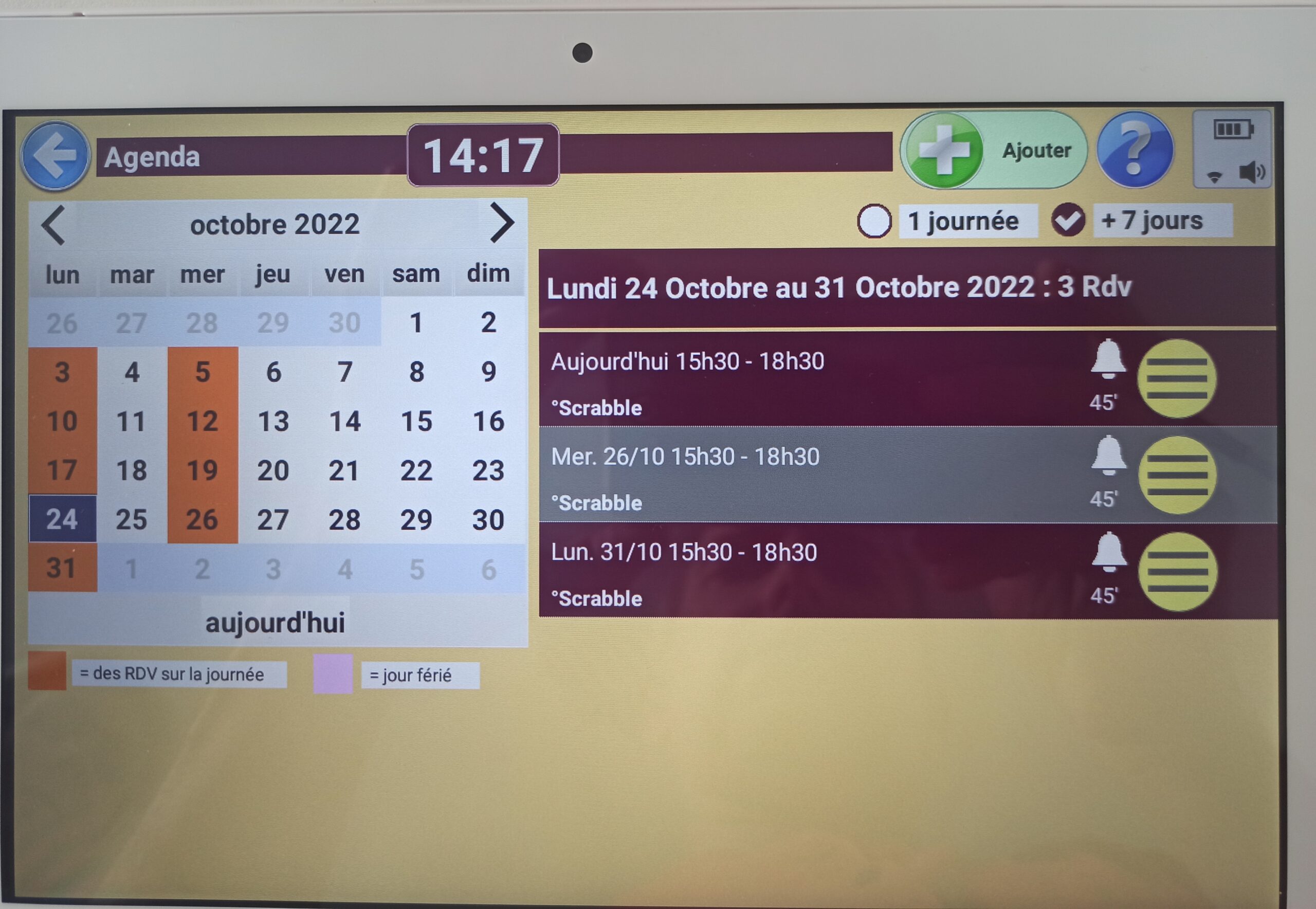 écran d'une tablette montrant la fonctionalité de paramétrage d'un agenda