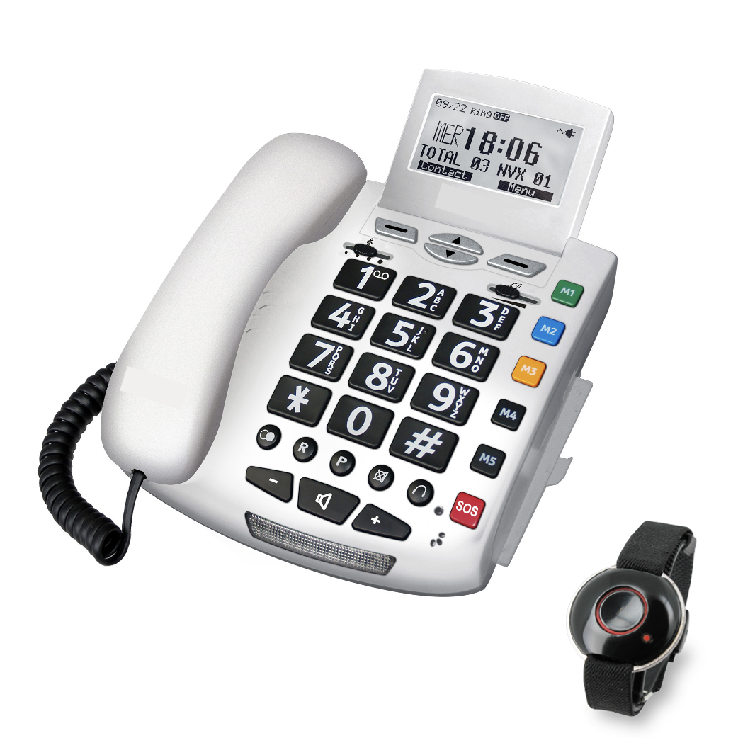 Téléphone fixe fond gris claire avec touches noire et chiffres blanches. Une rangée de 6 boutons colorées pour fonctionnalités, touches noire accès volume. Bracelet de bouton d'alerte en lien avec le téléphone posé à côté.