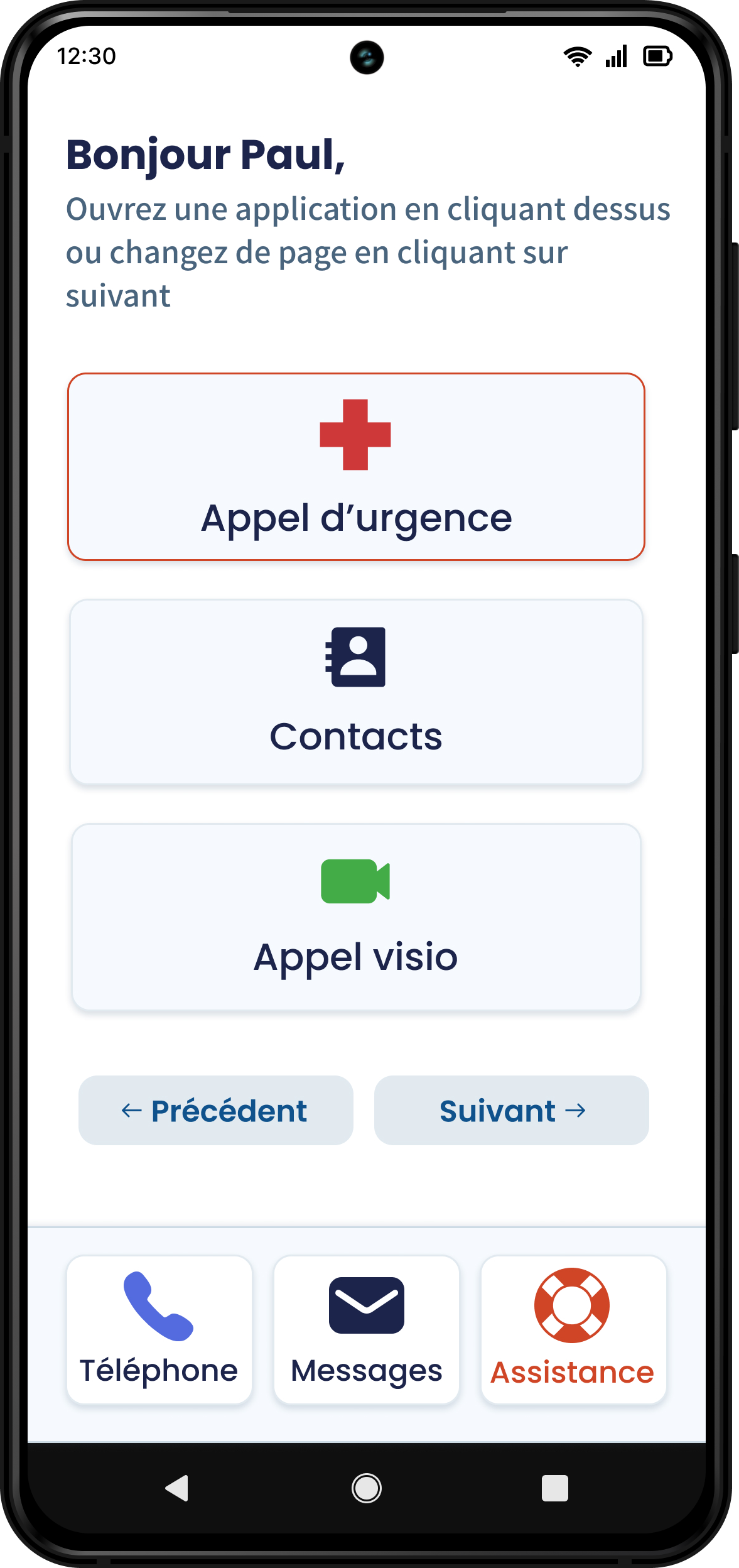 écran simplifié d'un smartphone avec message personnalisé, boutons pour appel d'urgence, contacts, appel visio et fonctions d'appels, messagerie et assistance