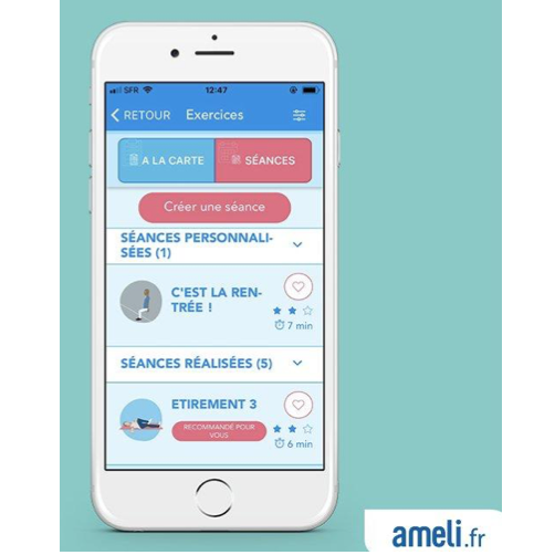 Ecran de téléphone portable affichant une application E santé proposée par ameli.fr