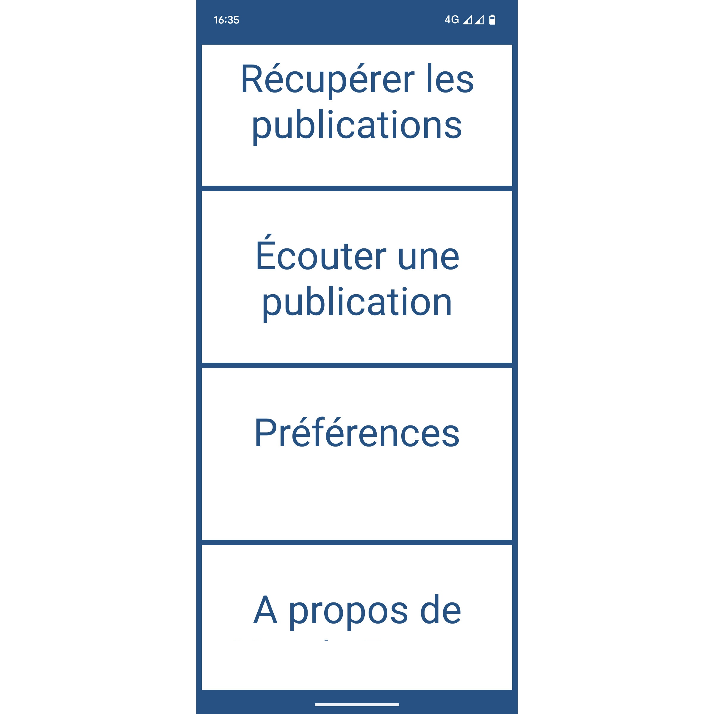 Photo du menu de l'application, sur smartphone, affichant 