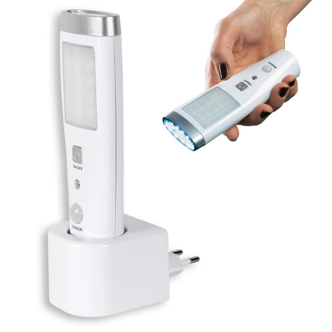 Lampe torche placé dans le socle de charge sur secteur dédié. Une main tenant la lampe avec détecteur montrant l'usage.