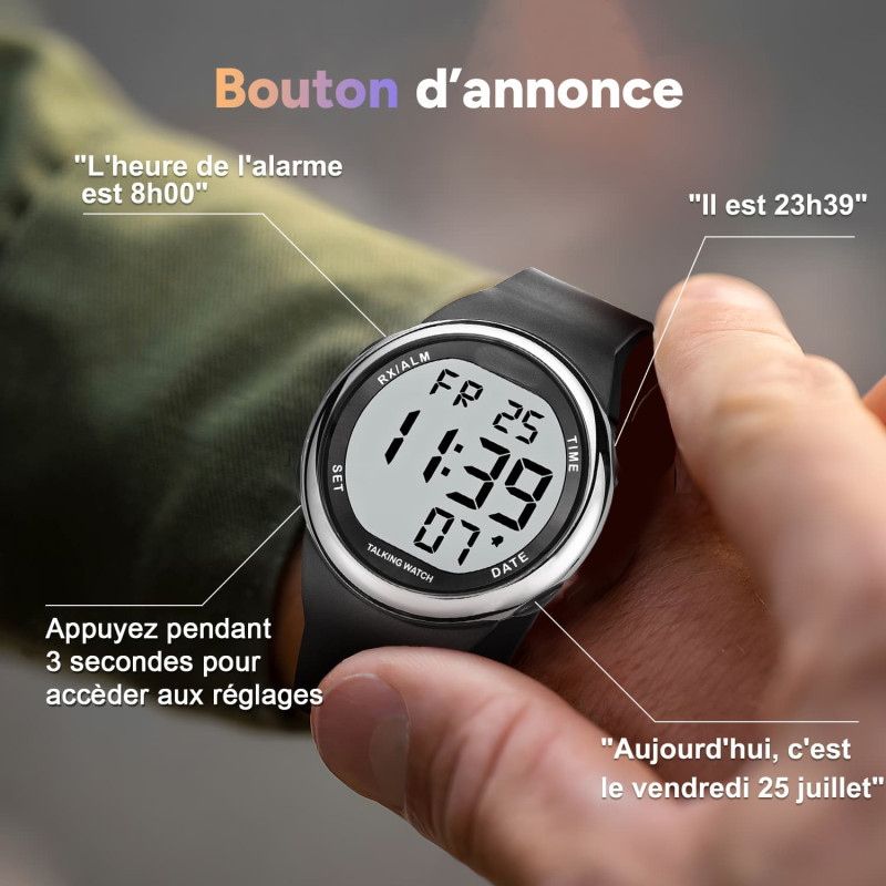 Montre avec 4 boutons d'annonces. Le texte affiche des exemples. Premier bouton : 