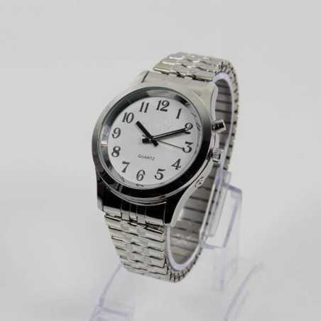 Montre parlante avec des chiffres contrastés. Bracelet métallique et élastique argenté.