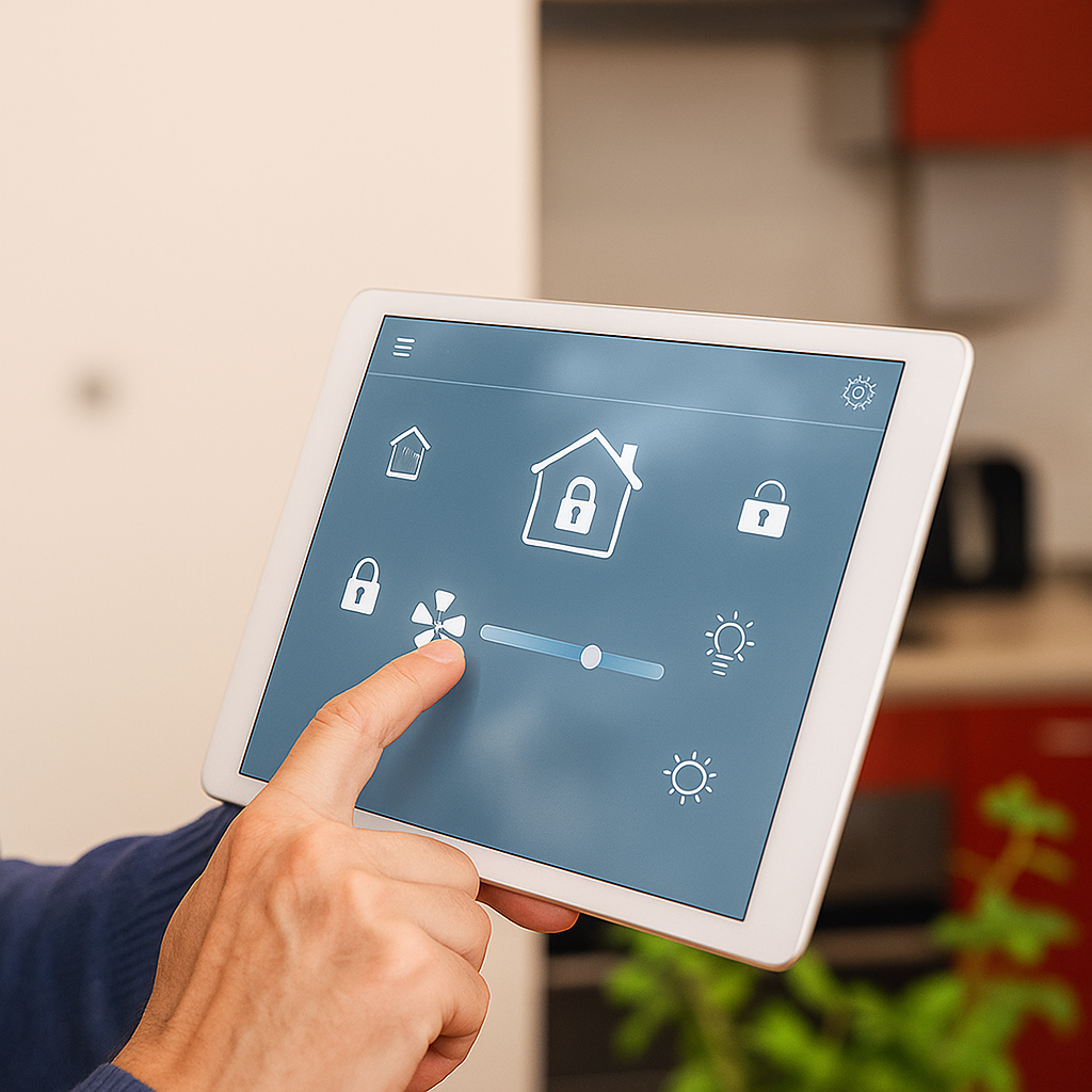 Une personne utilise une tablette tactile comme commande domotique. À l’écran, une application de domotique s’affiche : un fond bleu clair avec des icônes blanches représentant une maison sécurisée, une ampoule, et un paramétrage réglable. Un doigt appuie sur un curseur pour ajuster un paramètre, probablement lié à la température ou à l’éclairage.