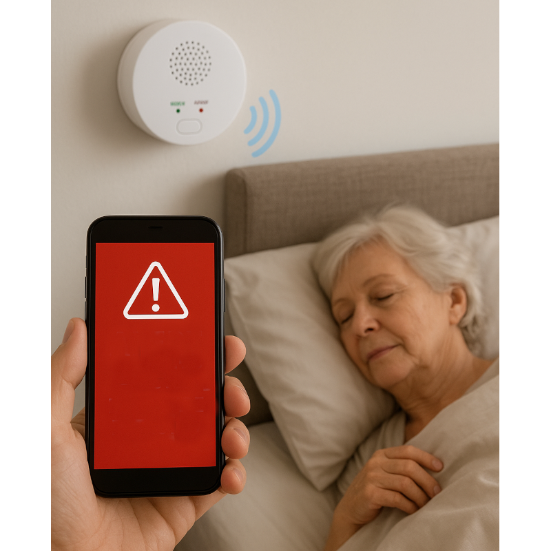 Une femme dort paisiblement dans son lit. Au-dessus de la tête de lit, un détecteur de gaz est fixé au mur, avec deux voyants lumineux, dont un rouge indiquant une alerte. Au premier plan, une main tient un téléphone portable affichant un grand triangle rouge avec un point d’exclamation blanc, signalant une alerte transmise par le détecteur connecté.