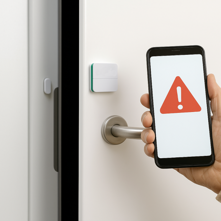 Un détecteur d'ouverture de porte est fixé sur une porte qui est restée entre-ouverte. Au premier plan, une main tient un smartphone. L’écran du téléphone affiche une icône d'alerte. La photo met en évidence la connexion entre le détecteur d'ouverture de porte connecté et le smartphone.