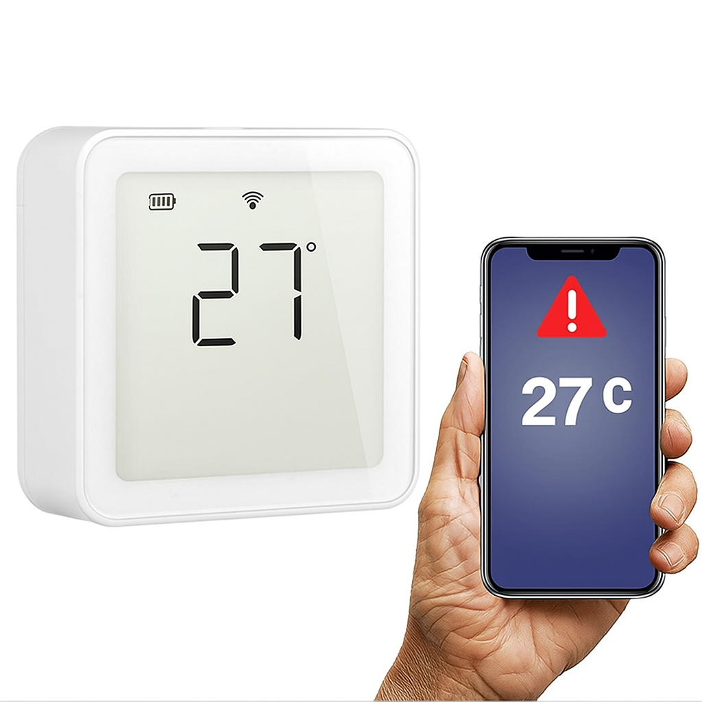 Un thermomètre connecté indique 27°. Au premier plan, une main tient un smartphone. L’écran du téléphone affiche une icône d'alerte avec la température de 27°. La photo met en évidence la connexion entre le thermomètre connecté et le téléphone.