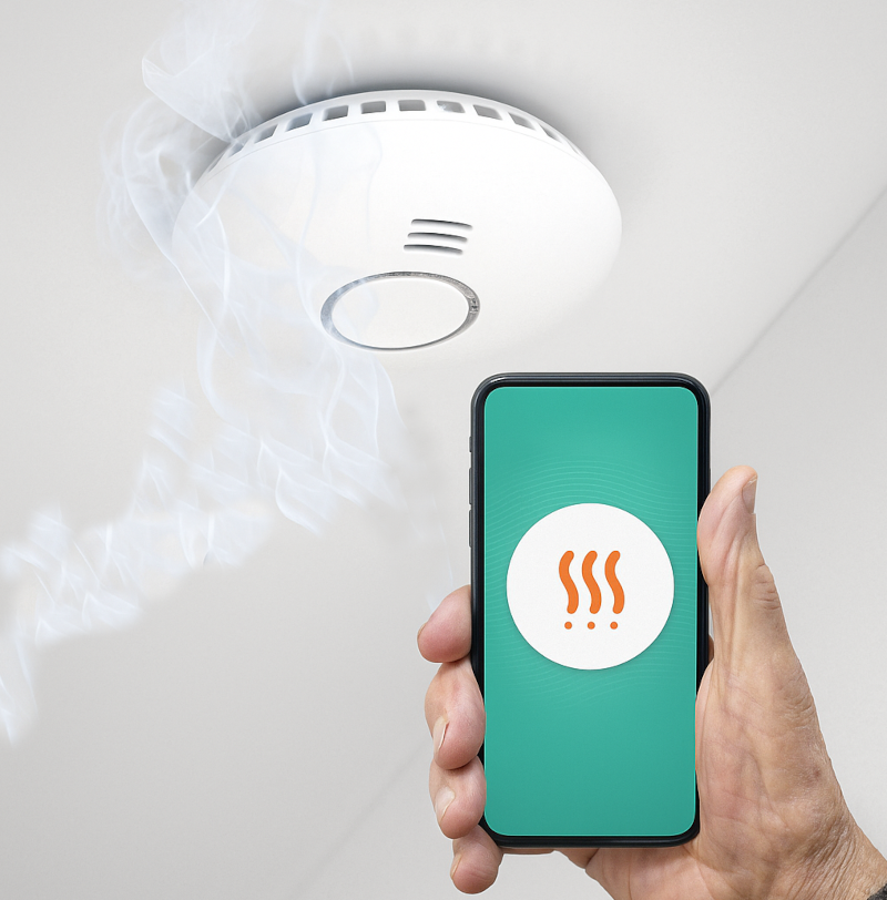 Un détecteur de fumée blanc est fixé au plafond. De la fumée s’élève vers lui. Au premier plan, une main tient un smartphone. L’écran du téléphone affiche une icône orange représentant trois vagues de chaleur sur fond vert, indiquant une alerte. La photo met en évidence la connexion entre le détecteur de fumée connecté et le téléphone.