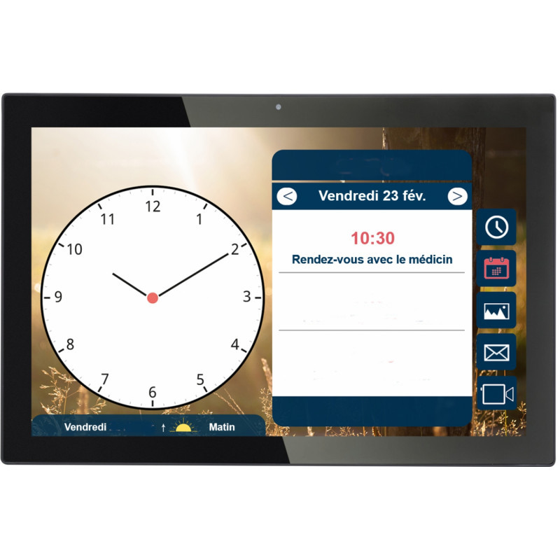 Ecran d'une horloge caalendrier connectée présentant à gauche une horloge indiquant 10H10. A droite il y a l'agenda et l'horaire d'un rendez-vous à 10h30 : Rendez-vous avec le médecin.