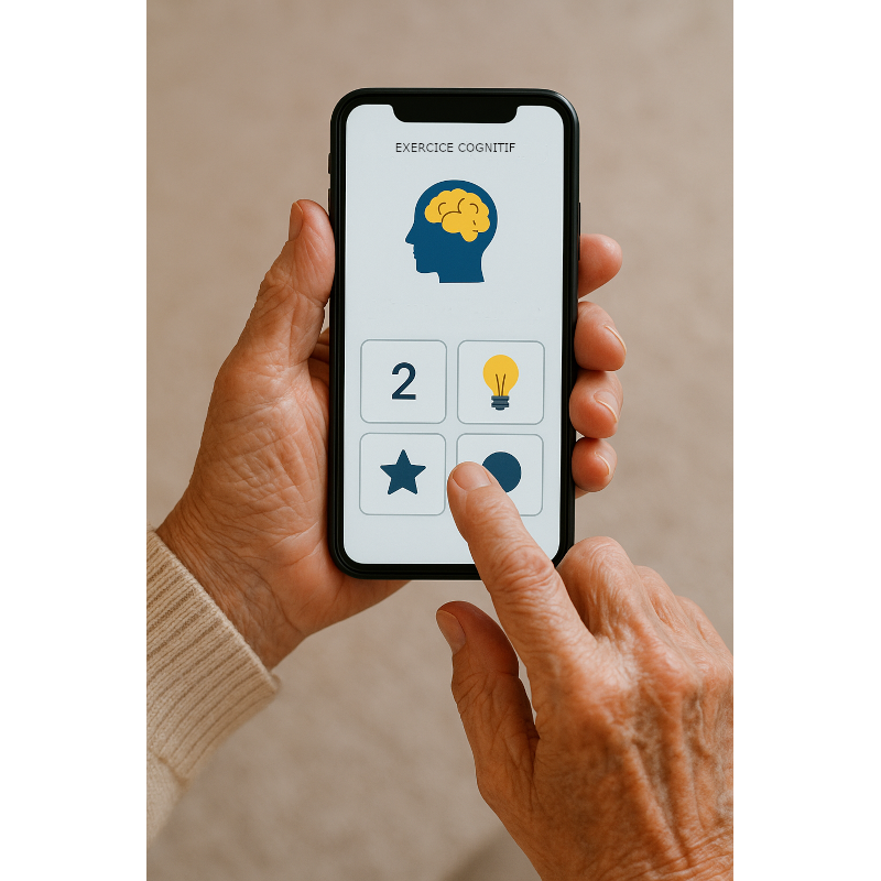 Une personne âgée tient un smartphone à deux mains. L’écran affiche une application intitulée