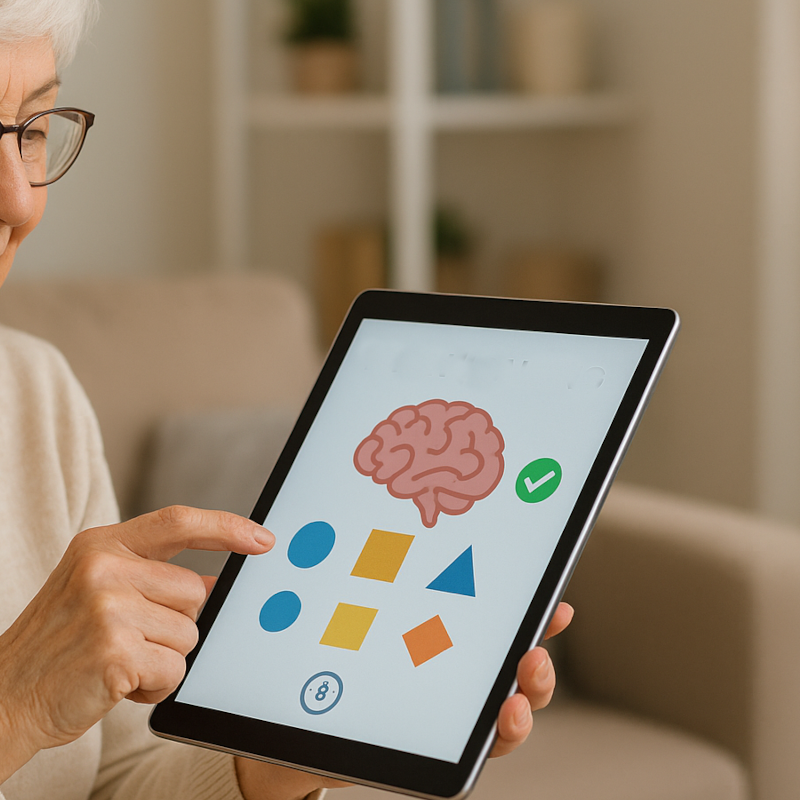 Une personne âgée tient une tablette entre ses mains. À l’écran s’affiche une application d'entrainement cognitif avec l'image d'un cerveau stylisé entouré de formes géométriques colorées et d’un bouton vert de validation.