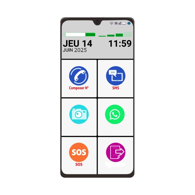 Écran de smartphone sur fond blanc. Sur l'écran, il y a la date, l'heure et 6 grands icônes pour accéder aux fonctionnalités habituelles : composer un numéro, SMS, touche SOS, etc.