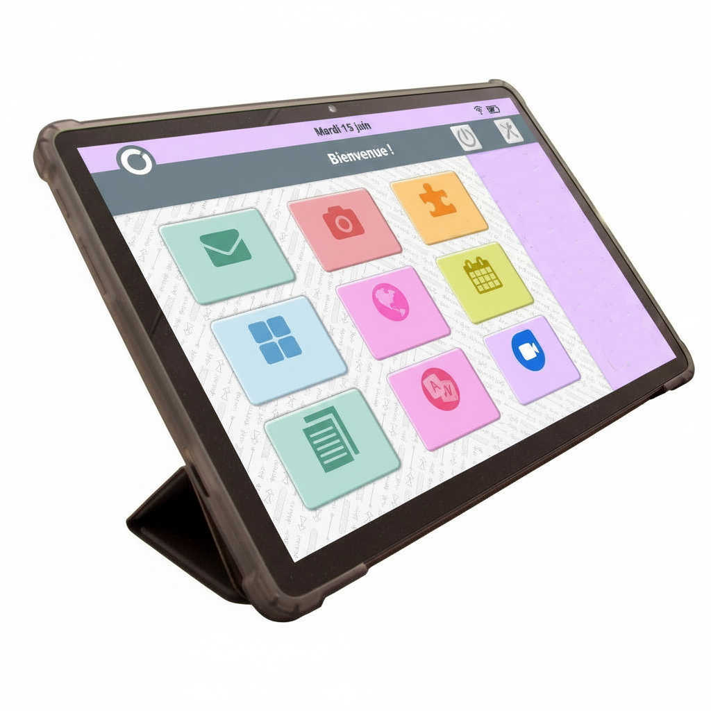 Tablette électronique de forme rectangulaire, posée en inclinaison sur un support noir. L'écran affiche une interface colorée avec neuf icônes carrées aux tons pastel sur fond blanc. En haut, une barre grise avec la date 'Mardi 15 juin' et le mot 'Bienvenue!'