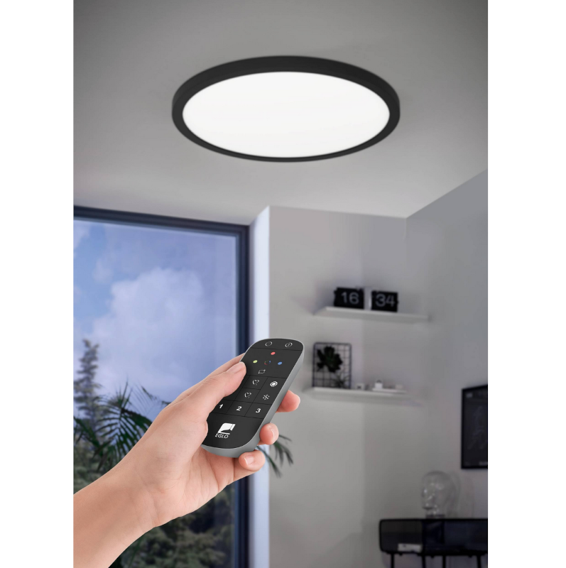 Une main tient une télécommande noire, pointée vers un luminaire au plafond. Cette télécommande a permis d'allumer le luminaire qui est éclaire le salon.
