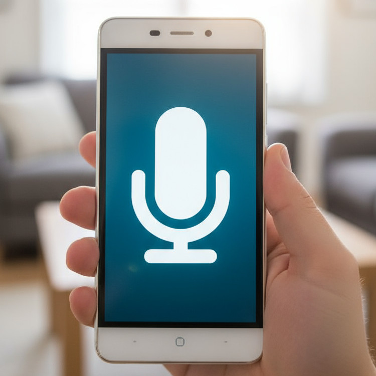 Une main tient un smartphone devant elle. L’écran du téléphone affiche une grande icône blanche en forme de microphone sur fond bleu. Cette image évoque l’utilisation d’une commande vocale, comme lorsqu’on parle à son assistant vocal pour effectuer une recherche ou donner une instruction. En fond flouté, il y a un salon lumineux avec un canapé.