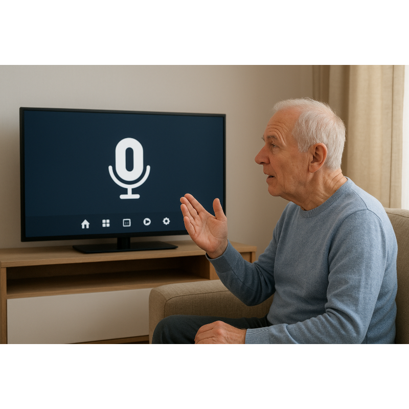 Un homme, senior, est assis dans un fauteuil et parle face à son téléviseur. Sur l'écran du téléviseur il y a un grand symbole de microphone blanc sur fond noir, pour symboliser l'écoute de la commande vocale.